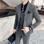 ( Jacket + Vest + Pants ) Boutique Fashion Mens Plaid Casual Business Suit High-end Social Formal Suit 3 Pcs Set Groom Wedding