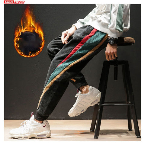 Dropshipping Winter Warm Plus velvet Men Joggers Pants 2020 Streetwear Side Striped Man Casual Harem Pants Black Trousers