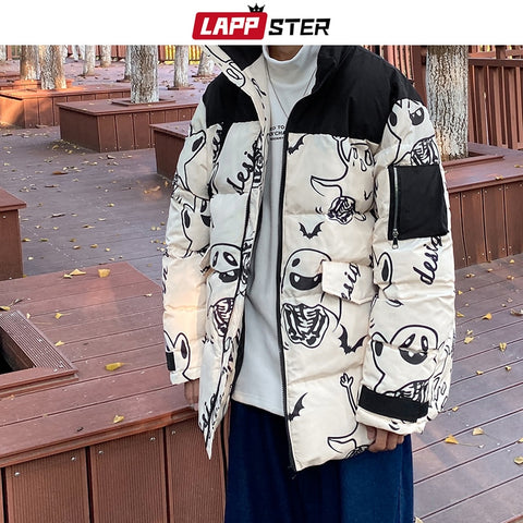 LAPPSTER Men Japanese Streetwear Black Puffer Jacket 2020 Mens Harajuku Patchwork Winter Bubble Coats Male Ghost Hip Hop Parka