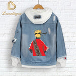 Anime Naruto Red Cloud Denim Ripped Jacket Men's and Women's Casual Loose Denim False Two Pieces Autumn Hooded Jackets