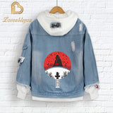 Anime Naruto Red Cloud Denim Ripped Jacket Men's and Women's Casual Loose Denim False Two Pieces Autumn Hooded Jackets