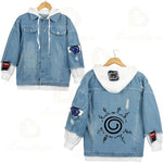 Anime Naruto Red Cloud Denim Ripped Jacket Men's and Women's Casual Loose Denim False Two Pieces Autumn Hooded Jackets