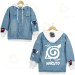 Anime Naruto Red Cloud Denim Ripped Jacket Men's and Women's Casual Loose Denim False Two Pieces Autumn Hooded Jackets