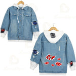 Anime Naruto Red Cloud Denim Ripped Jacket Men's and Women's Casual Loose Denim False Two Pieces Autumn Hooded Jackets