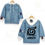 Anime Naruto Red Cloud Denim Ripped Jacket Men's and Women's Casual Loose Denim False Two Pieces Autumn Hooded Jackets