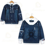 Anime Naruto Red Cloud Denim Ripped Jacket Men's and Women's Casual Loose Denim False Two Pieces Autumn Hooded Jackets