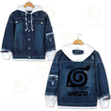 Anime Naruto Red Cloud Denim Ripped Jacket Men's and Women's Casual Loose Denim False Two Pieces Autumn Hooded Jackets