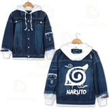 Anime Naruto Red Cloud Denim Ripped Jacket Men's and Women's Casual Loose Denim False Two Pieces Autumn Hooded Jackets